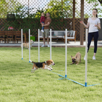Adjustable Dog Agility Training Obstacle Set with Weaves Poles and Storage Bag for Pet Dogs Outdoor Games Exercise Blue and White