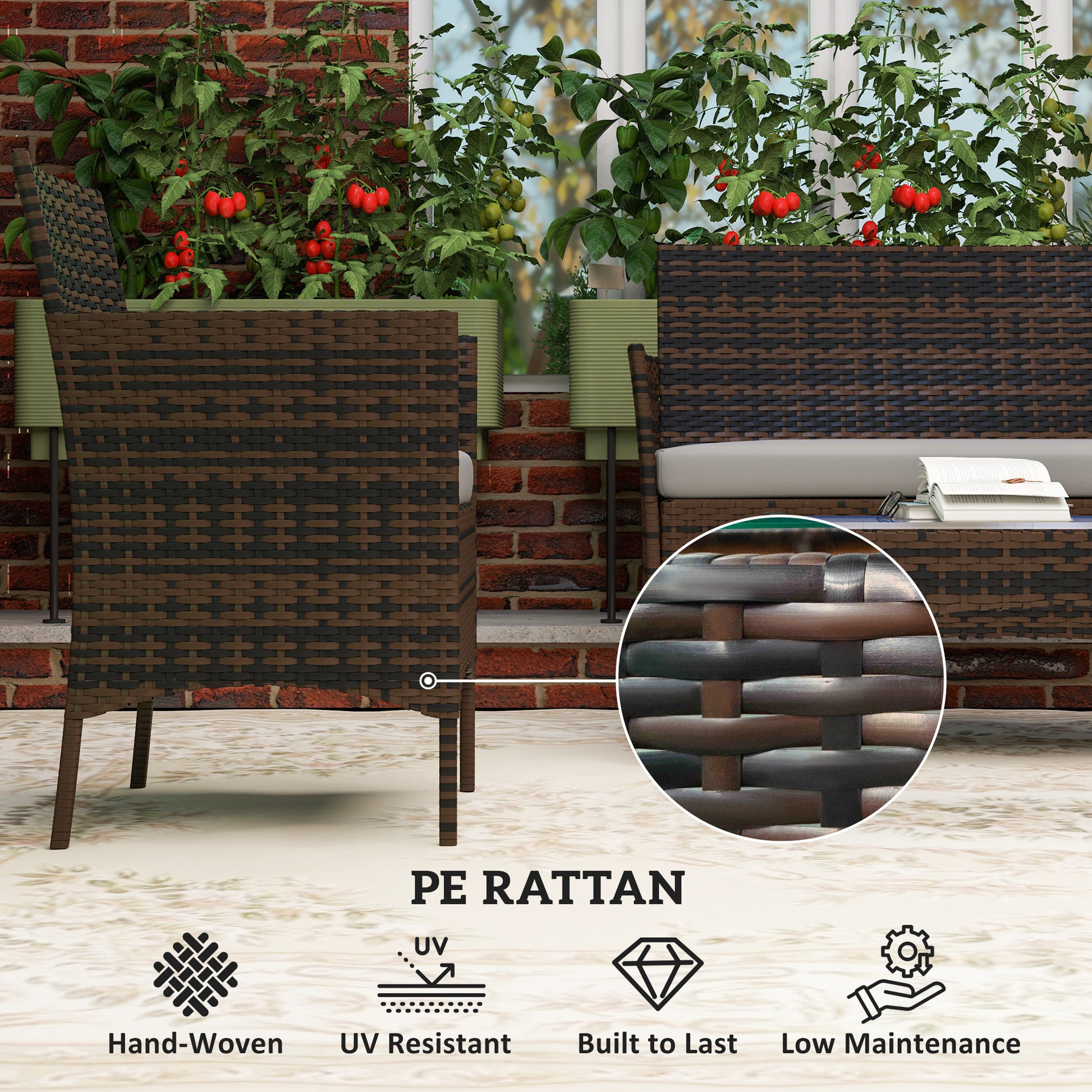 4 Pieces Wicker Outdoor Balcony Furniture Set Rattan Patio Furniture Set with Loveseat Chairs Glass Coffee Table Grey