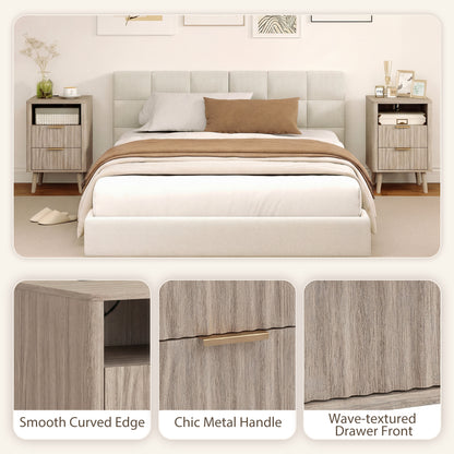 Nightstands Set of 2, Modern Bedside Tables with Charging Station, 2 Drawers and Open Shelf, Grey