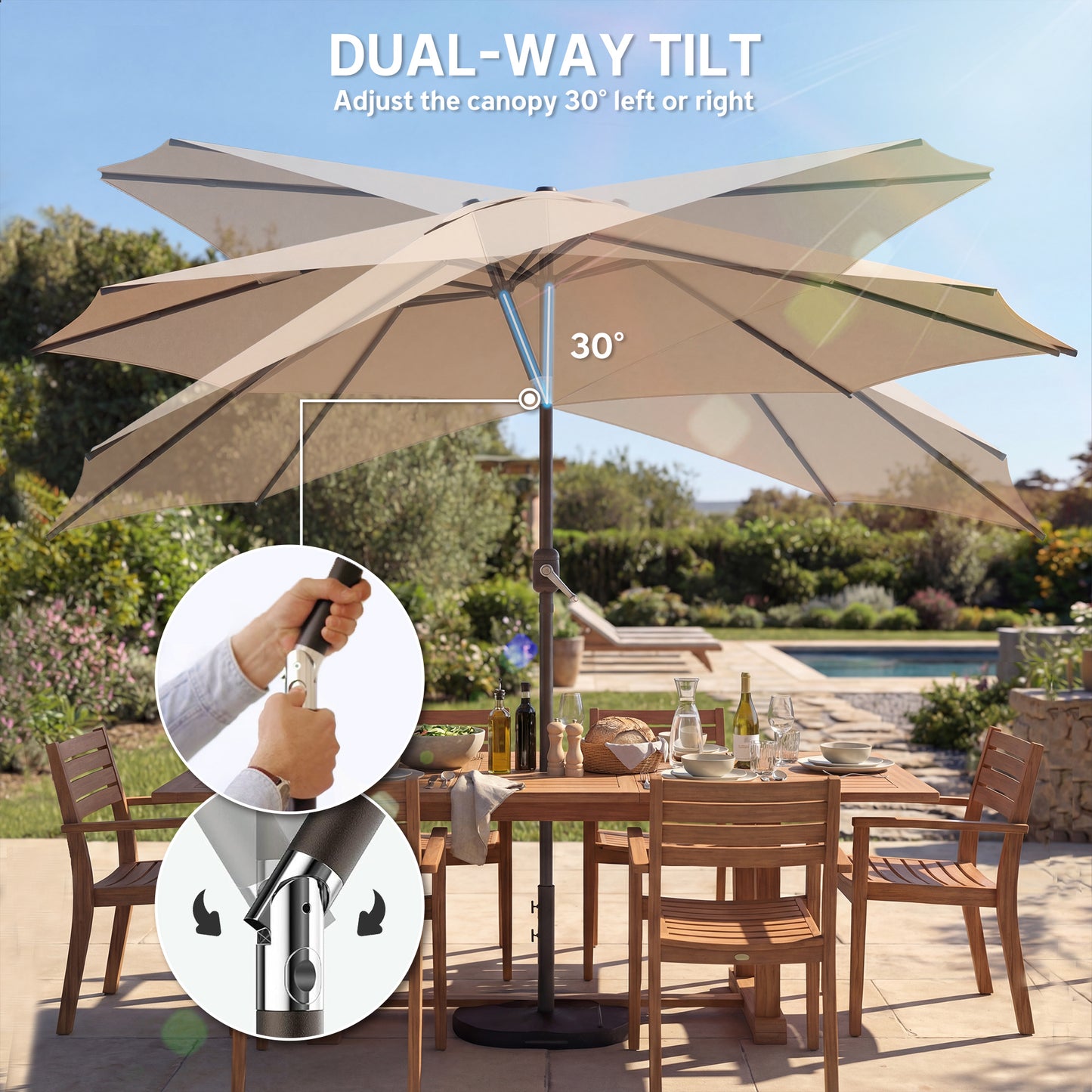10' x 10' Round Market Umbrella with Base and Sandbag, Patio Umbrella with Crank Handle and Tilt, Khaki