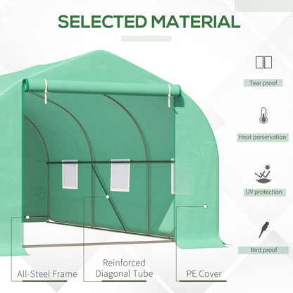 15' x 10' x 7' Walk-in Greenhouse Outdoor Plant Tunnel Warm Hot House w/ Roll Up Door and 6 Mesh Windows, Steel Frame, Green