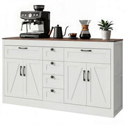Sideboard Buffet Cabinet, 55" Farmhouse Kitchen Cabinet with 4 Barn Doors, 6 Drawers and 2 Adjustable Shelves, White