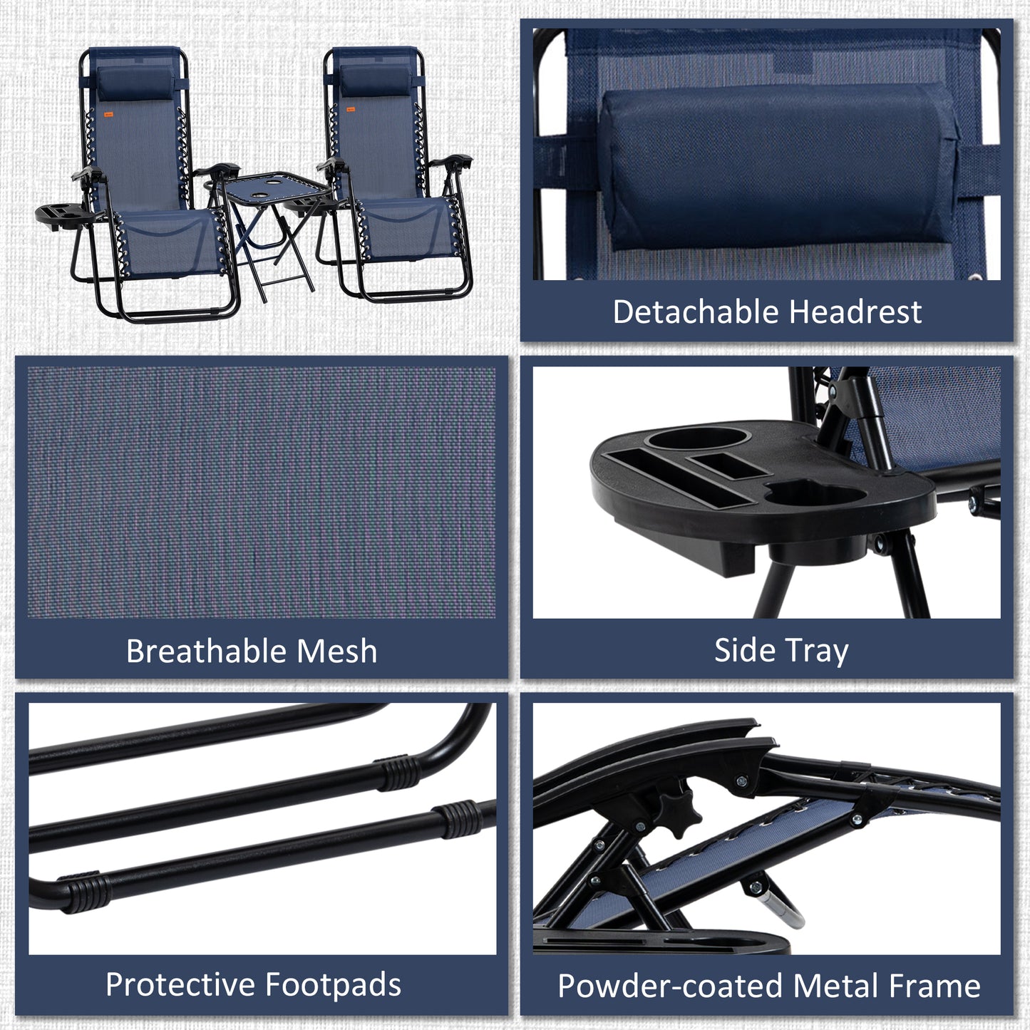 Zero Gravity Chair Set of 2 Patio Chair with Side Table Cupholders and Pillows for Pool, Backyard, Lawn, Beach, Blue