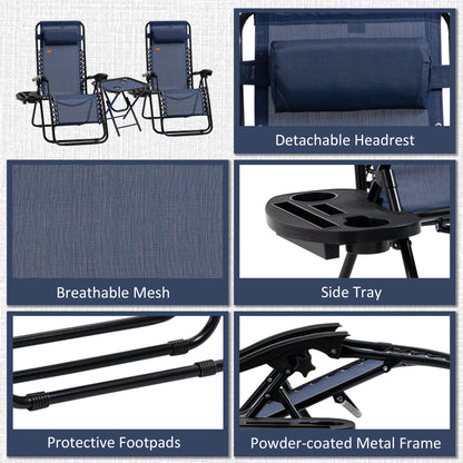 Zero Gravity Chair Set of 2 Patio Chair with Side Table Cupholders and Pillows for Pool, Backyard, Lawn, Beach, Blue