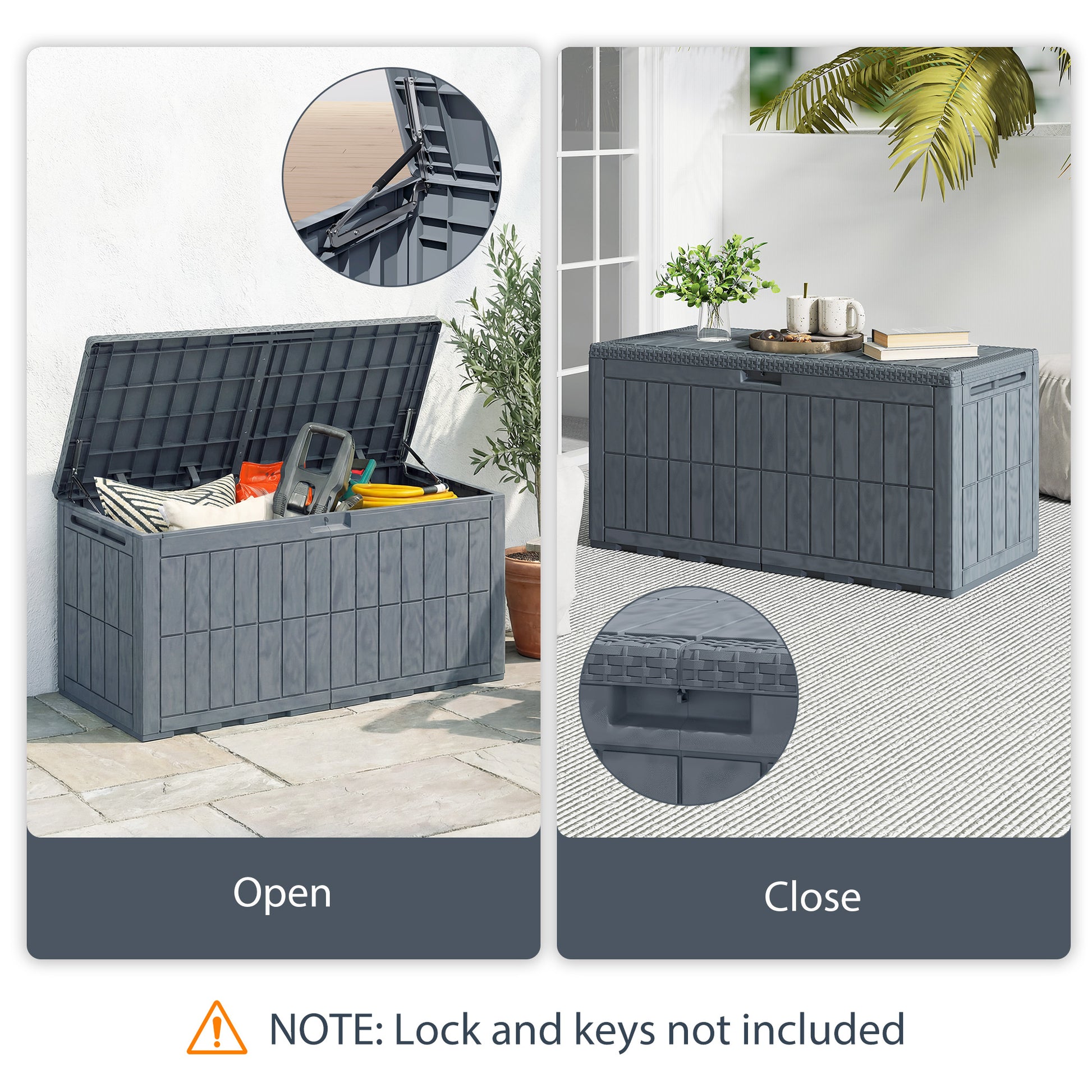 100 Gallon Resin Deck Box, Waterproof Lockable Outdoor Storage Box with Pneumatic Gas Rods, Side Handles