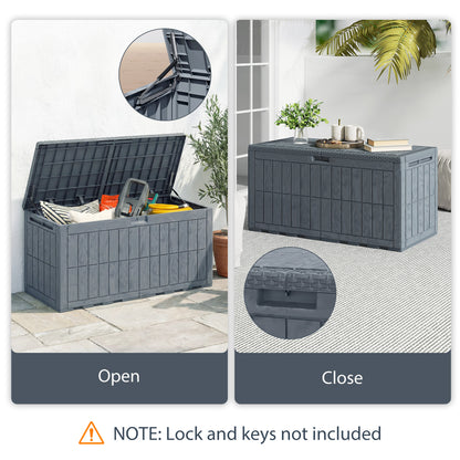 100 Gallon Resin Deck Box, Waterproof Lockable Outdoor Storage Box with Pneumatic Gas Rods, Side Handles