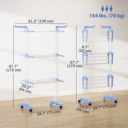 Foldable Clothes Drying Rack, 4-Tier Steel Laundry Rack for Drying Clothes with 2 Side Wings and 4 Castors, Indoor and Outdoor Use, Blue