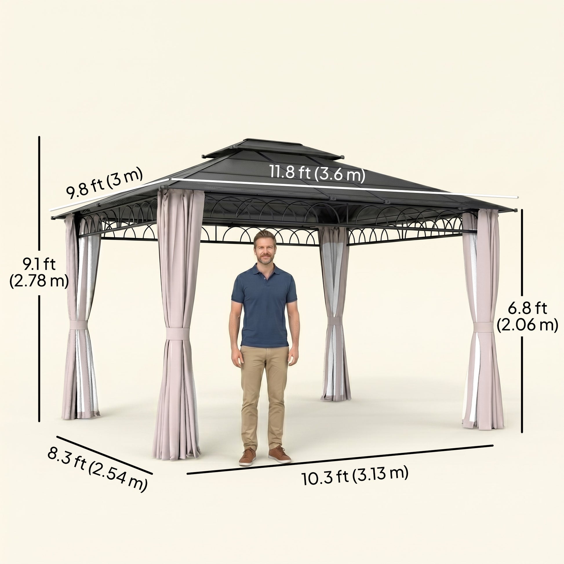 10' x 12' Outdoor Gazebo Canopy, Double Roof Hardtop Gazebo with Polycarbonate Roof, Steel Frame, Nettings and Curtains, for Garden, Lawn, Backyard and Deck, Khaki