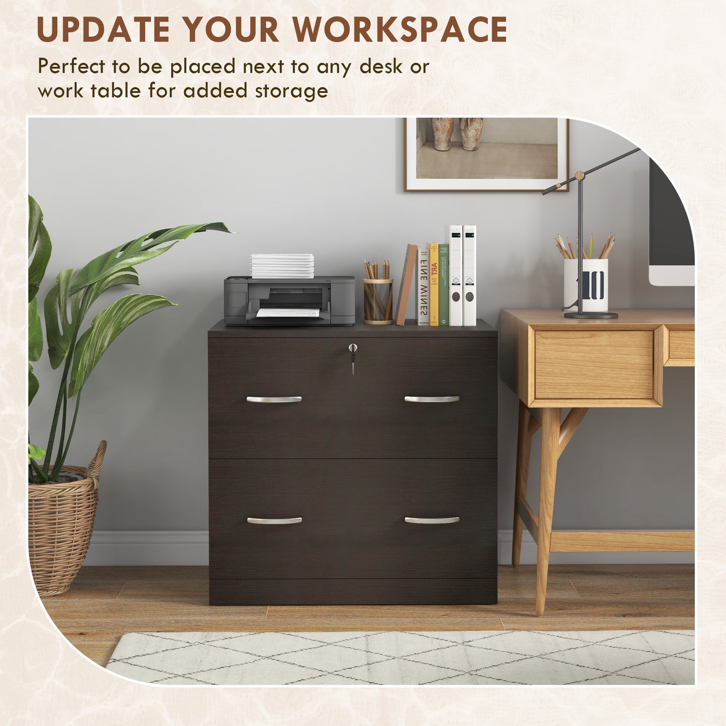 2 Drawer File Cabinet with Lock, Office Filing Cabinet, Hanging Bar for Letter Size, Home Office, Espresso