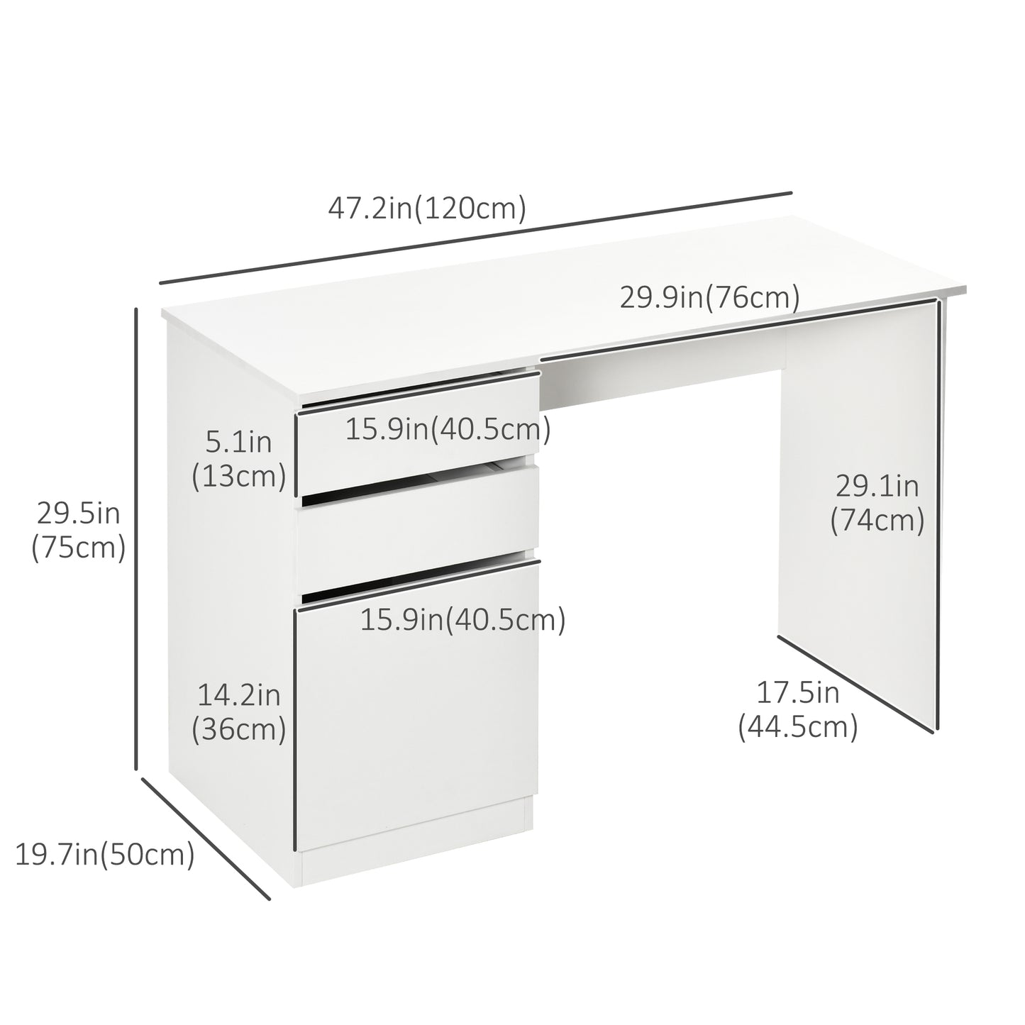 Modern Computer Desk, Home Office Desk for Study, Writing Workstation with Storage Drawer and Cabinet for Living Room, White