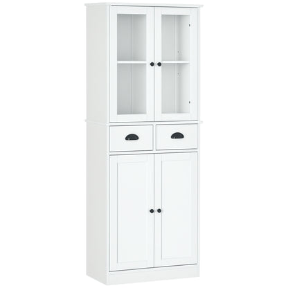 61" Kitchen Pantry Cabinet, Freestanding Farmhouse Buffet Storage Cabinet with Soft Close Glass Doors and Adjustable Shelves, White