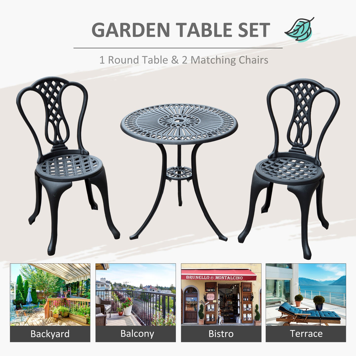 3 Pieces Antique Outdoor Bistro Set Cast Aluminum Patio Table and Chairs with Umbrella Hole, Black