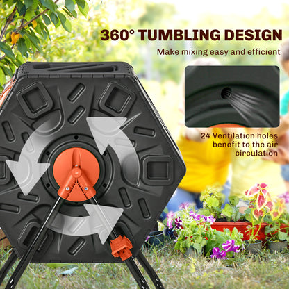 Rotating Composter, Compost Bin with 24 Vents and Steel Legs, 17 Gallon, Orange
