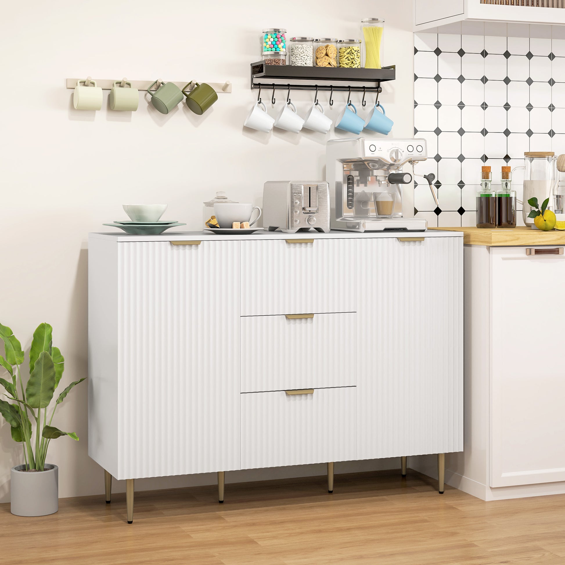 Modern Kitchen Storage Cabinet, Sideboard Buffet Cabinet w/ 3 Drawers and Adjustable Shelves for Kitchen Hallway, White