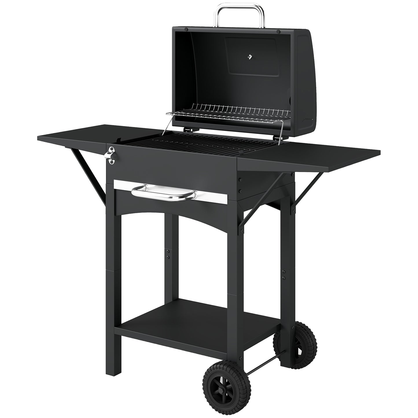 Charcoal Grill with 2 Side Tables, Barbecue Grill with Thermometer and Warming Rack, Wheels, 43.3"x18.3"x39.8", Black