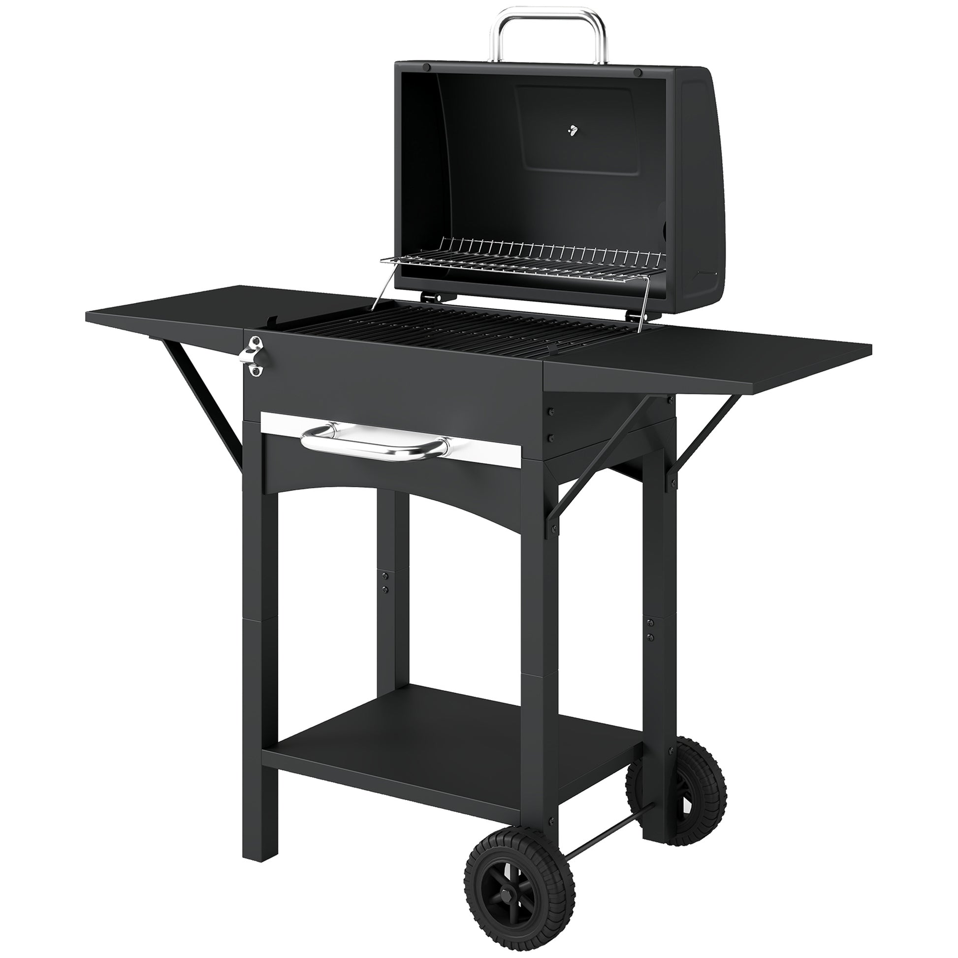 Charcoal Grill with 2 Side Tables, Barbecue Grill with Thermometer and Warming Rack, Wheels, 43.3"x18.3"x39.8", Black