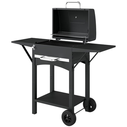 Charcoal Grill with 2 Side Tables, Barbecue Grill with Thermometer and Warming Rack, Wheels, 43.3"x18.3"x39.8", Black