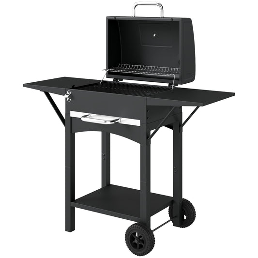 Charcoal Grill with 2 Side Tables, Barbecue Grill with Thermometer and Warming Rack, Wheels, 43.3"x18.3"x39.8", Black