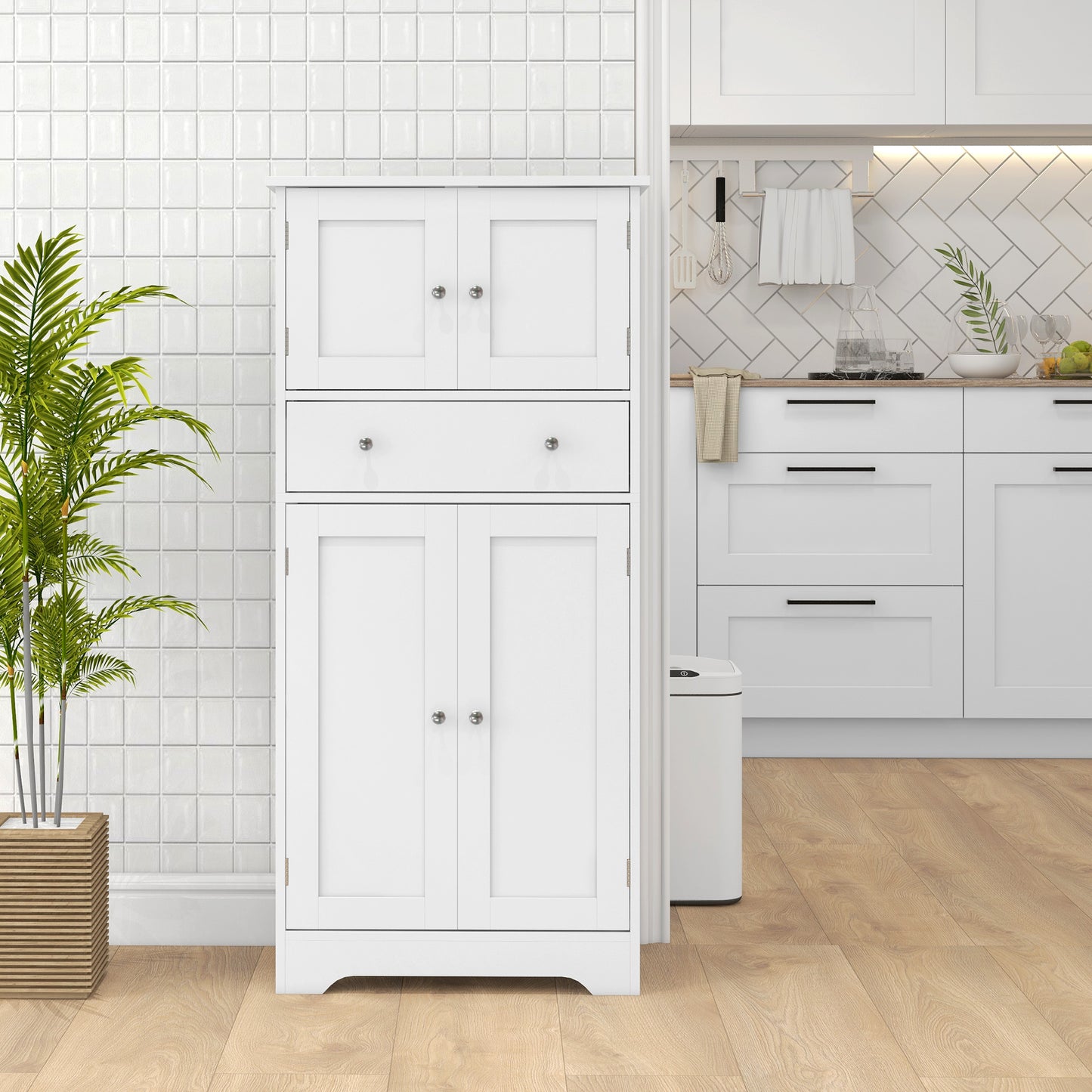 50.5" Kitchen Storage Cabinet, Modern Kitchen Pantry Cabinet with 4 Doors, Drawer, Adjustable Shelf, White