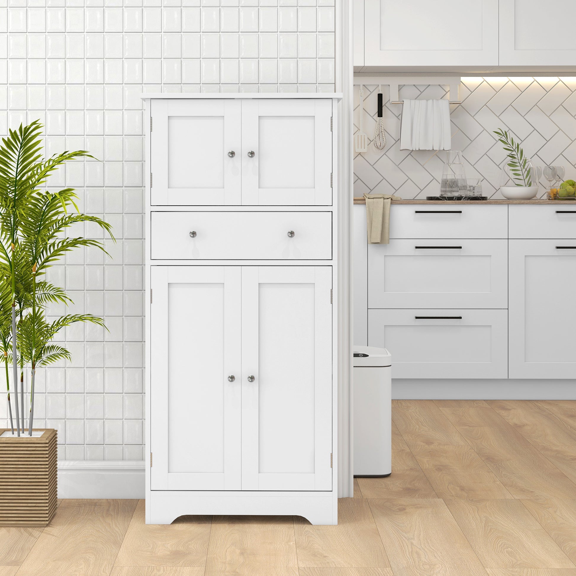 50.5" Kitchen Storage Cabinet, Modern Kitchen Pantry Cabinet with 4 Doors, Drawer, Adjustable Shelf, White
