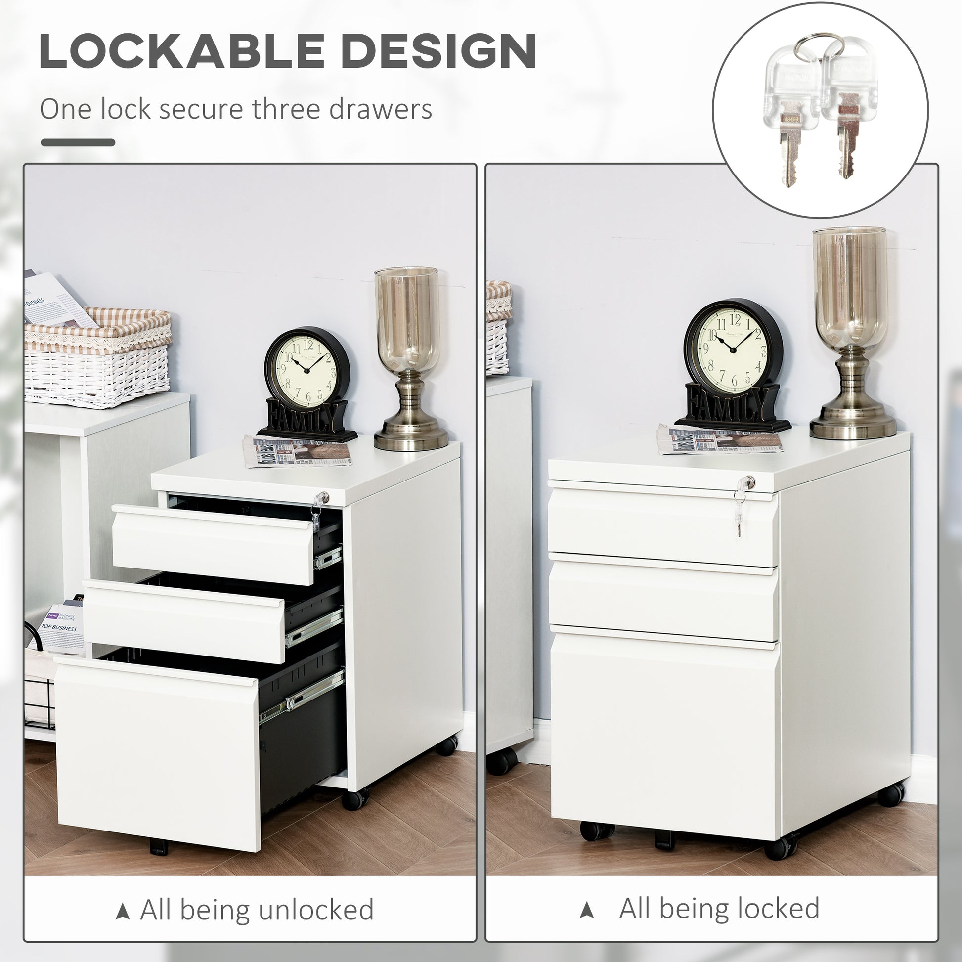 3 Drawer Filing Cabinet, Lockable Office Storage Cabinet on Wheels for Legal, Letter, A4 Files, White