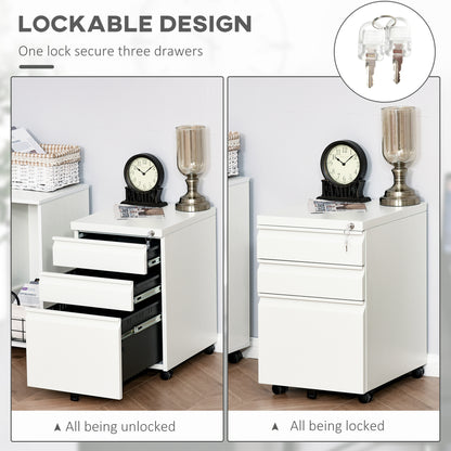 3 Drawer Filing Cabinet, Lockable Office Storage Cabinet on Wheels for Legal, Letter, A4 Files, White