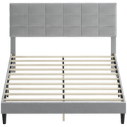 Queen Size Bed Frame with Upholstered Headboard, Modern Platform Bed Frame with Wood Slats, 1100 lbs Capacity, Grey