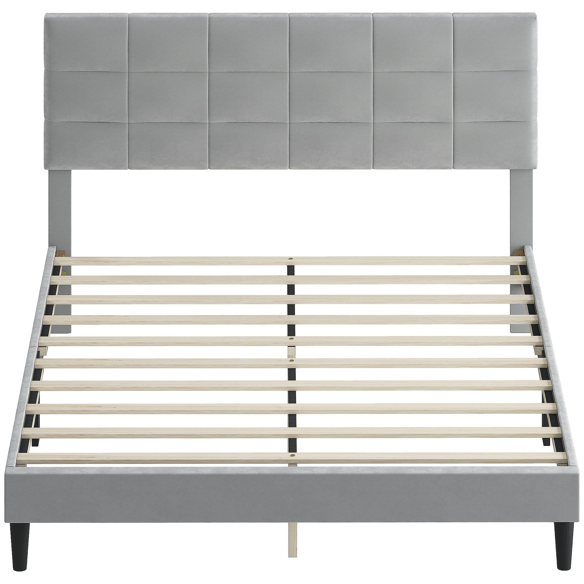 Queen Size Bed Frame with Upholstered Headboard, Modern Platform Bed Frame with Wood Slats, 1100 lbs Capacity, Grey