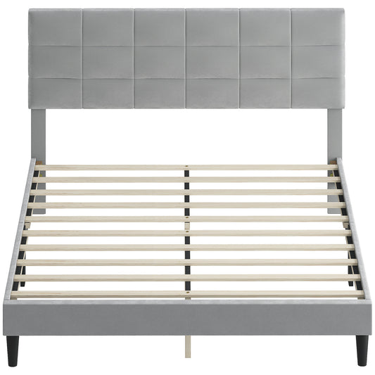 Queen Size Bed Frame with Upholstered Headboard, Modern Platform Bed Frame with Wood Slats, 1100 lbs Capacity, Grey