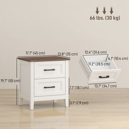 Farmhouse Nightstand Set of 2, Bedside Tables with 2 Drawers, Wood-Effect Top, White
