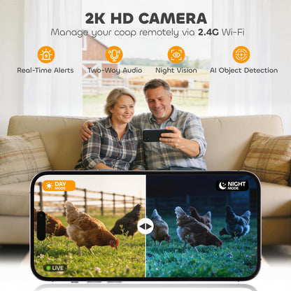 2K HD AI Camera Automatic Chicken Coop Door with APP, WiFi Solar Powered with 5200 mAh Large Battery, Alarm Driver