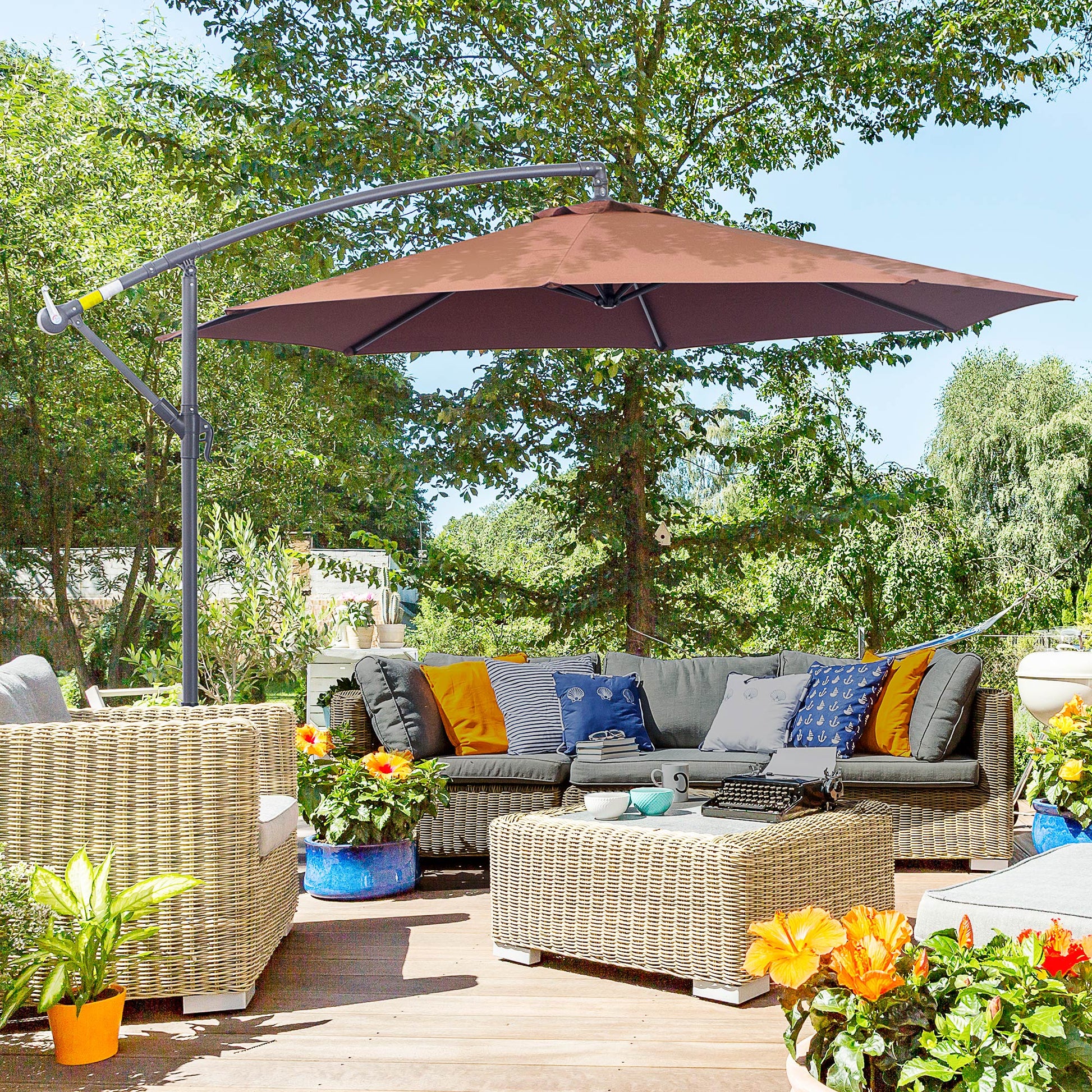 10' Deluxe Patio Umbrella, Outdoor Market Parasol, Banana Hanging Offset Sunshade with Crank, Cross Base, Coffee