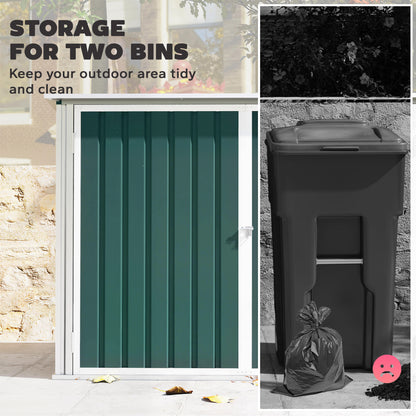 Outdoor Steel Wheelie Trash Can, Storage Shed With Double Door & Lid Rubbish Cover for 2 Trash Cans