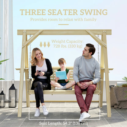 3 Seat Wooden Porch Swing with Stand, Patio Swing with Side Tables, for Garden, Poolside, Backyard, Natural Wood