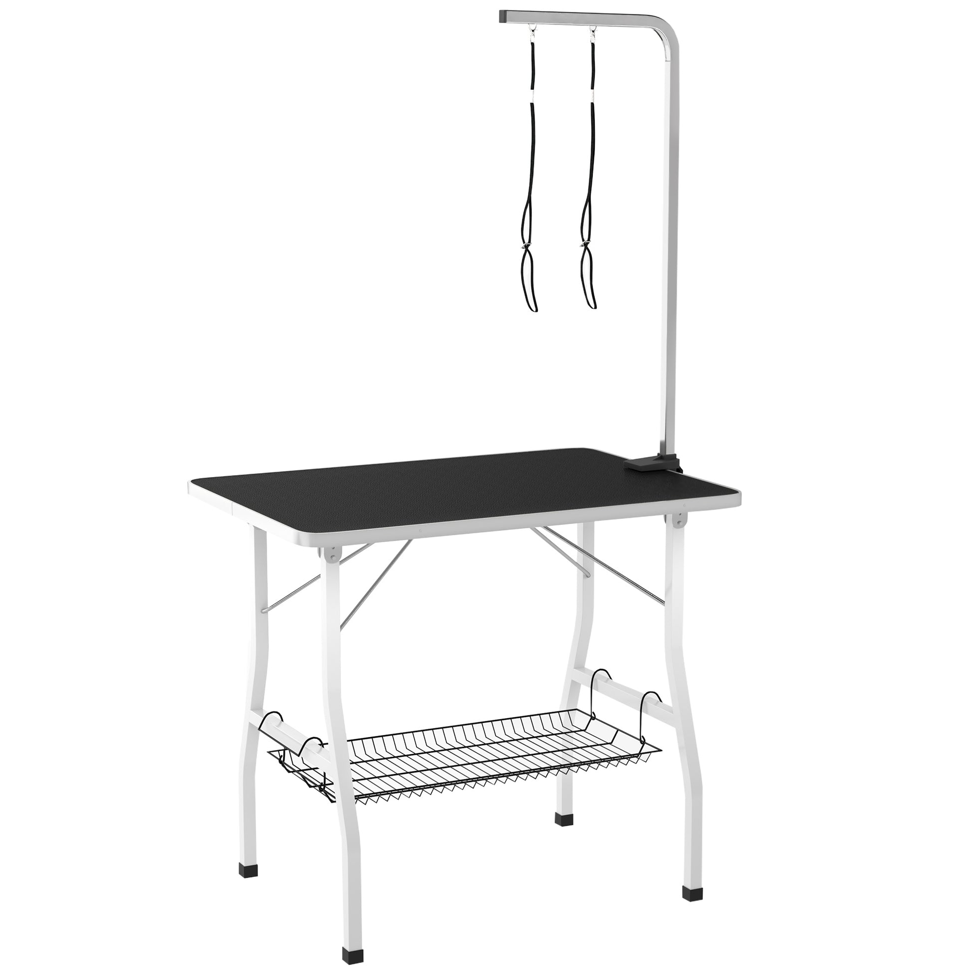 Dog Grooming Table w/ Adjustable Arm, Mesh Tray, Two Nooses, Rubber Surface, 35" x 24" x 61", Black