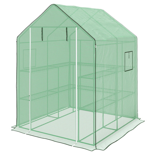 Portable Greenhouse, Walk-In Small Outdoor Green House with 2 Tier U-Shaped Flower Rack Shelves, 4.6' x 4.7', Green
