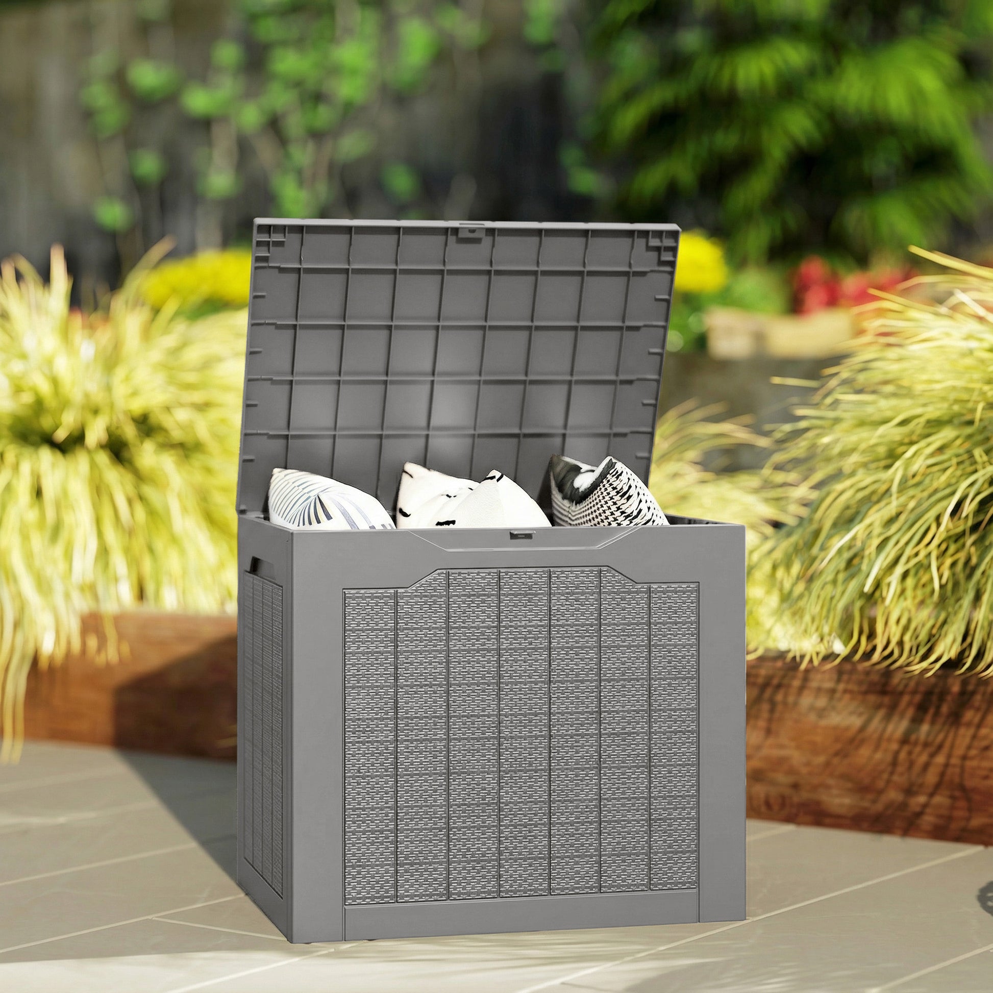 28 Gallon Deck Box, Resin Outdoor Storage Box with Handles, Waterproof and UV Resistant Storage Container