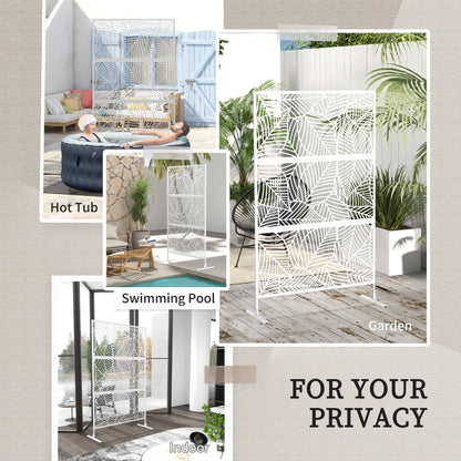 6.5FT Decorative Outdoor Divider, Metal Privacy Screen with Stand, Large Leaf Style, White