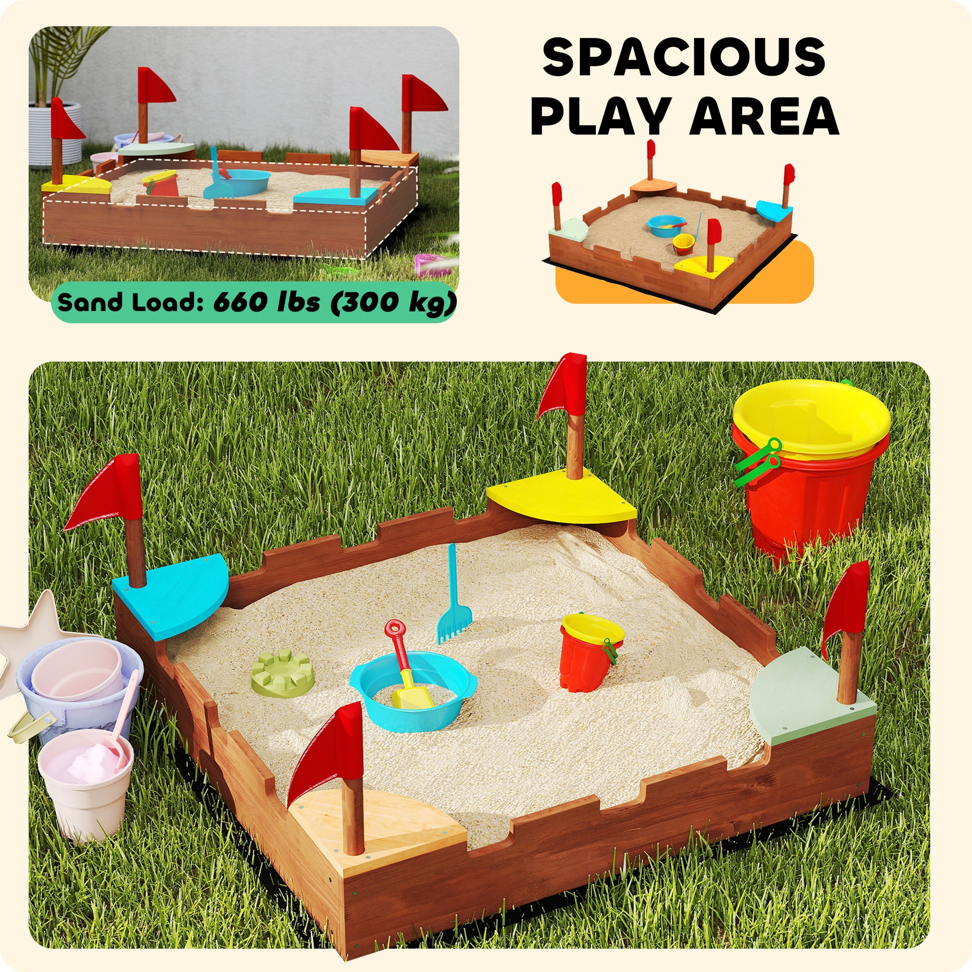 Qaba Kids Wooden Sandbox with Flags, 4 Colorful Built-in Corner Seating, Ground Liner, Gift for Ages 3-7, Wooden Brown