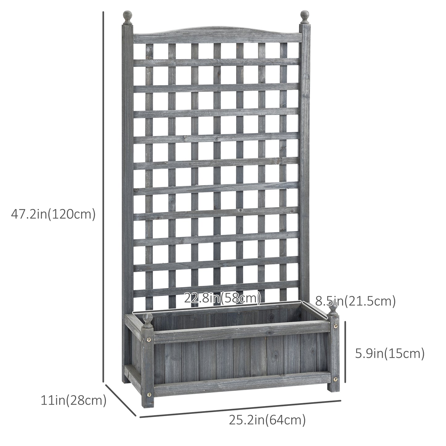 Raised Garden Bed with Trellis for Climbing Vines, 25.2" x 11" x 47.2" Wood Planter Box for Garden, Free Standing Flower Bed, Indoor Outdoor Display Rack, Grey