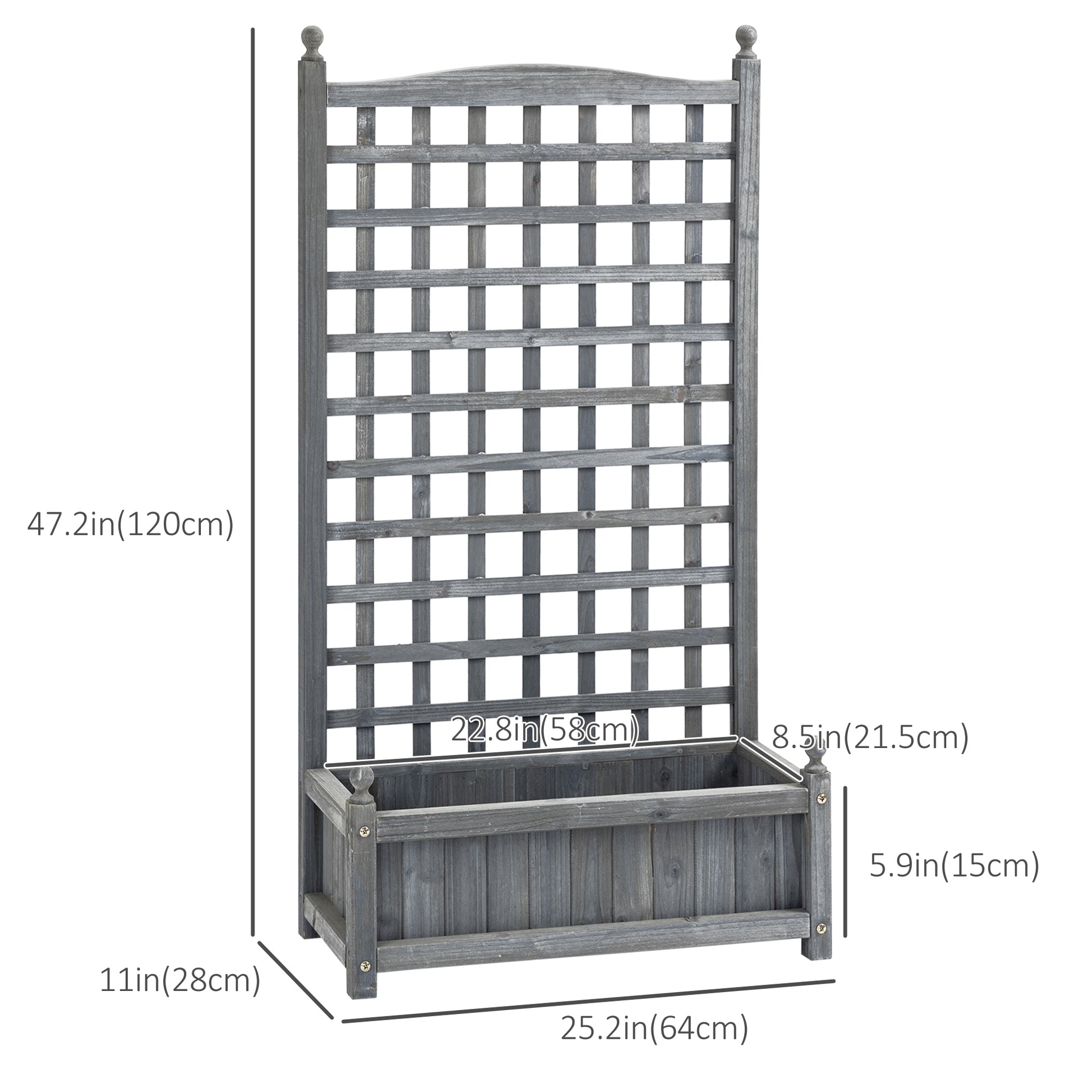 Raised Garden Bed with Trellis for Climbing Vines, 25.2" x 11" x 47.2" Wood Planter Box for Garden, Free Standing Flower Bed, Indoor Outdoor Display Rack, Grey