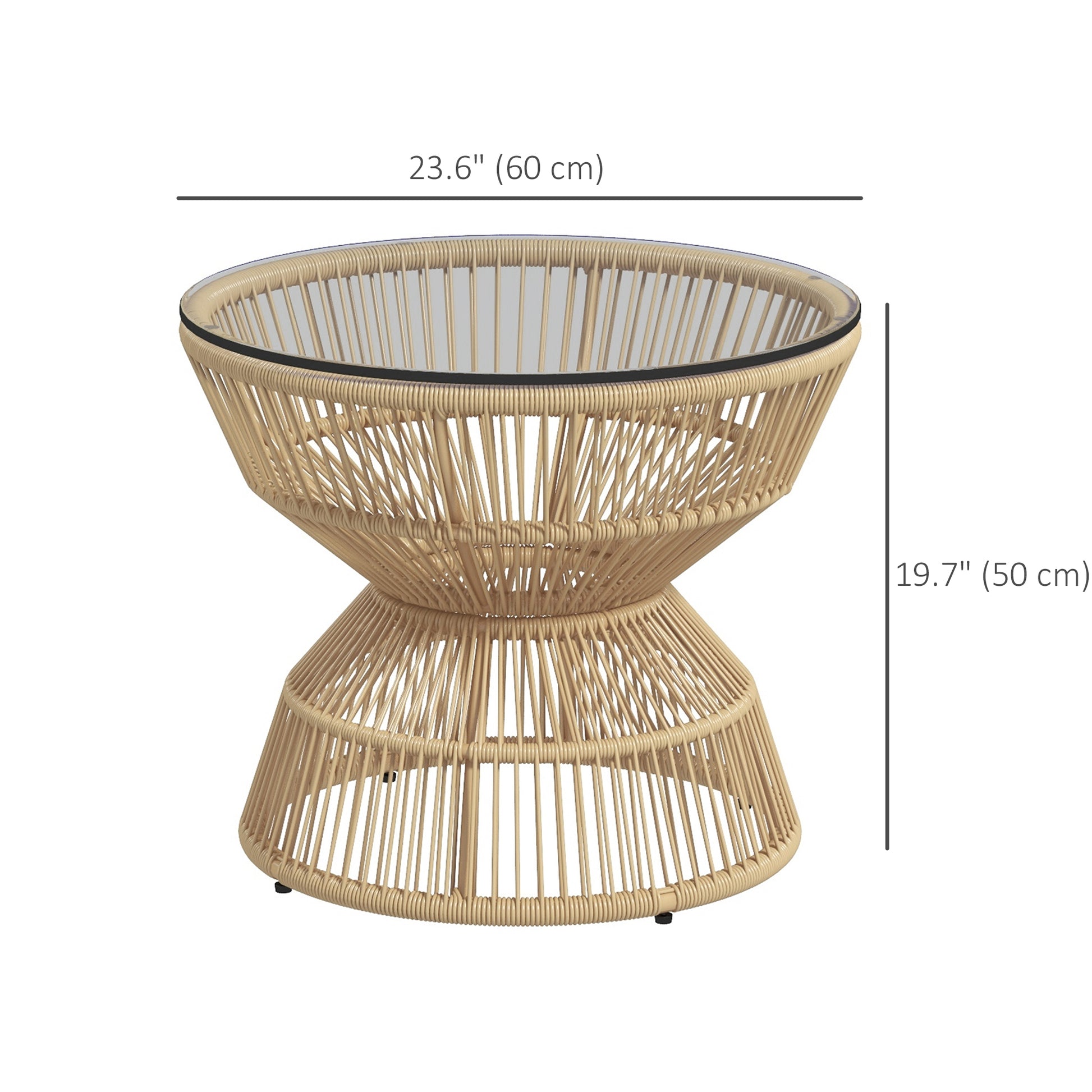 Rattan Outdoor Coffee Table, Patio End Table with Tempered Glass Tabletop & Steel Frame, Wicker Furniture, Nature Wood