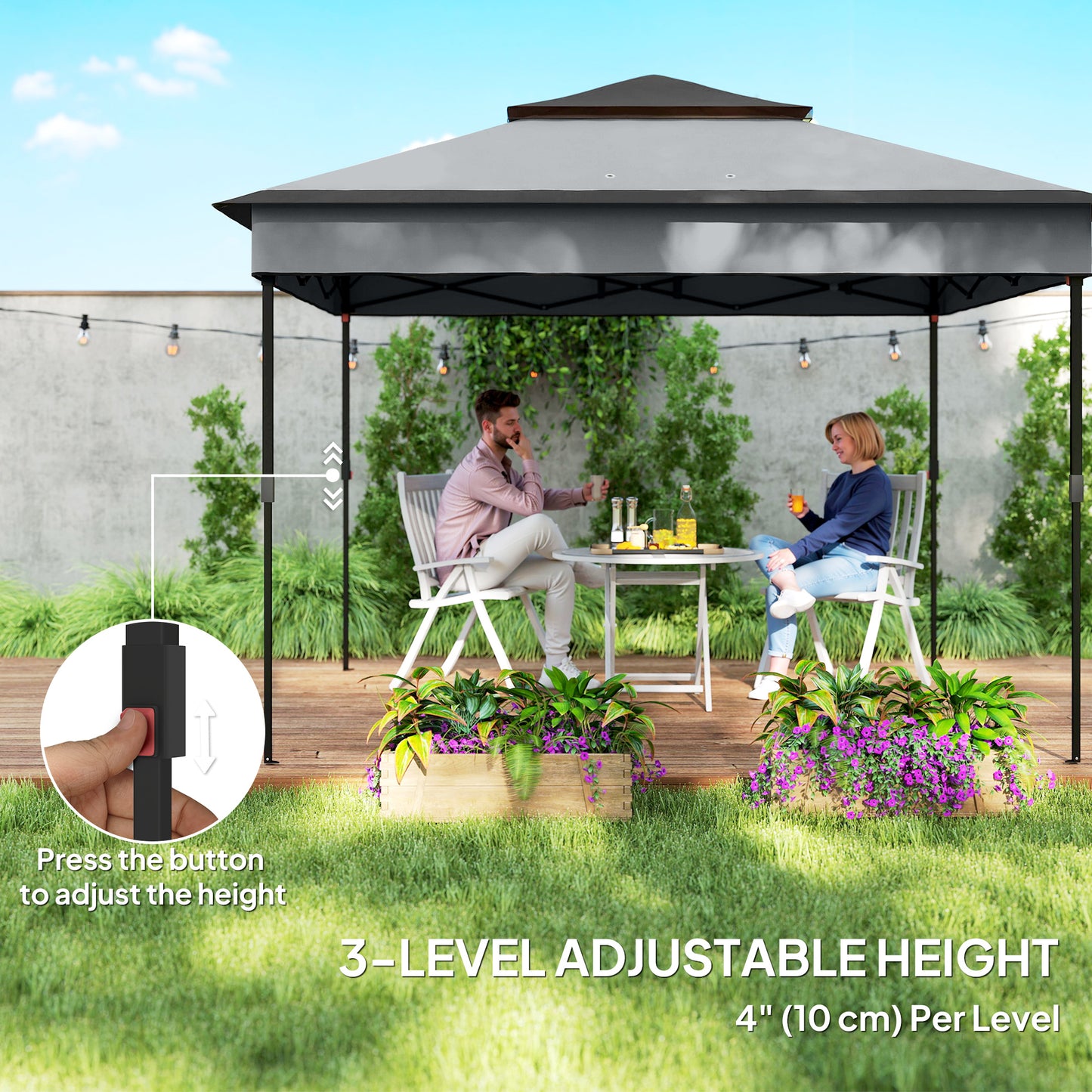 10.7 x 10.7ft Pop Up Gazebo, Adjustable Instant Sun Shelter with UV30+ Roof Cover, Removable Mesh Curtains, Dark Grey