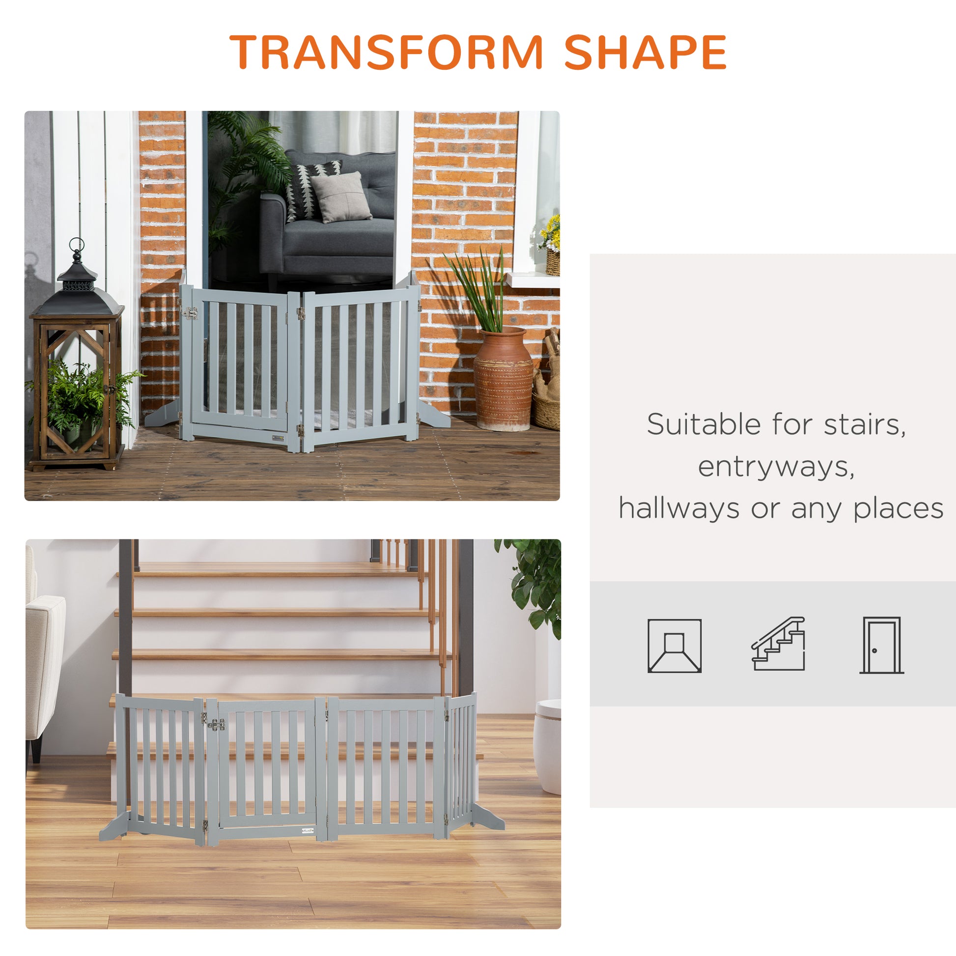 23.5"H Foldable Dog Gate with Door, 4 Panels Freestanding Pet Gate Barriers Indoor with Support Feet, Puppy Fence for Small Dogs, Grey
