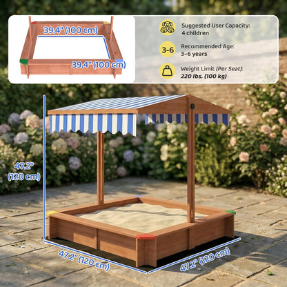 Wooden Sandbox with Cover, Kids Sandbox Outdoor with Adjustable Canopy and Seats for Backyard, Beach, Dark Brown