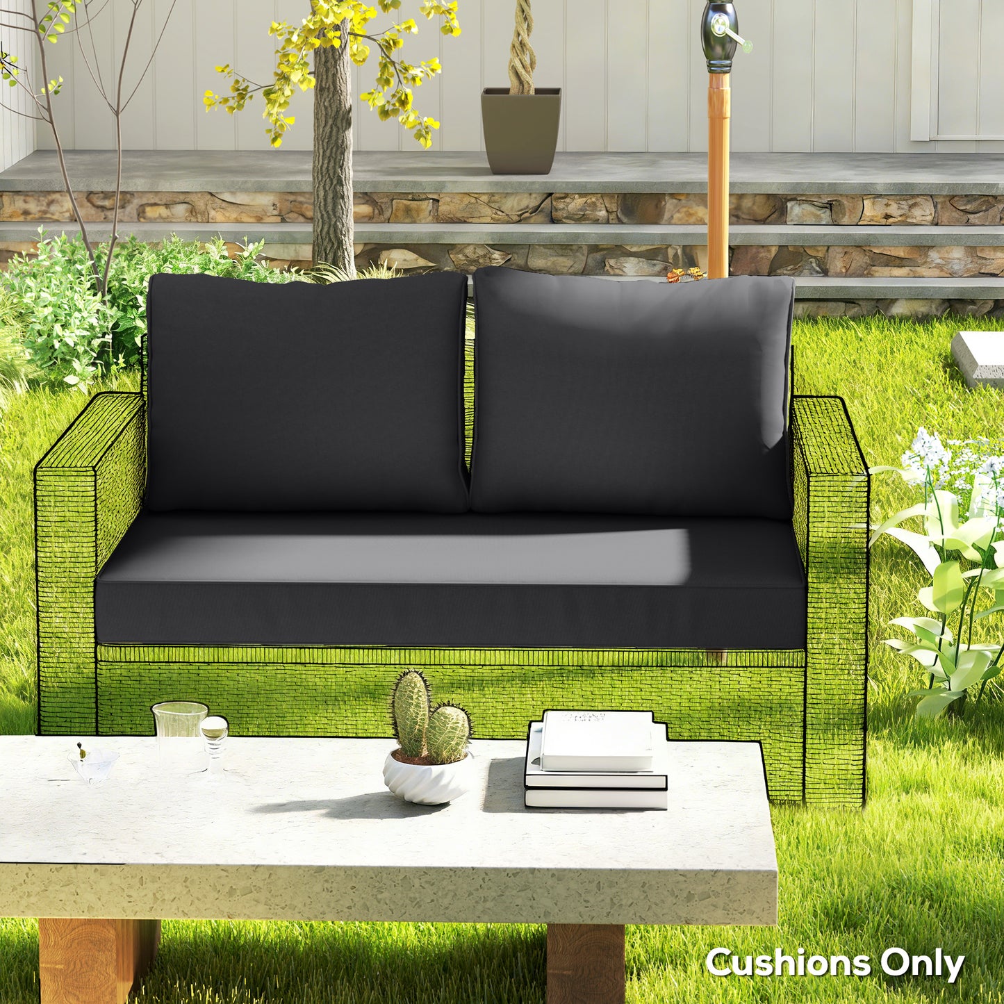 2 Seater Outdoor Seat Cushions with Backrest, Loveseat Double Sofa Outdoor Furniture Cushions, Black