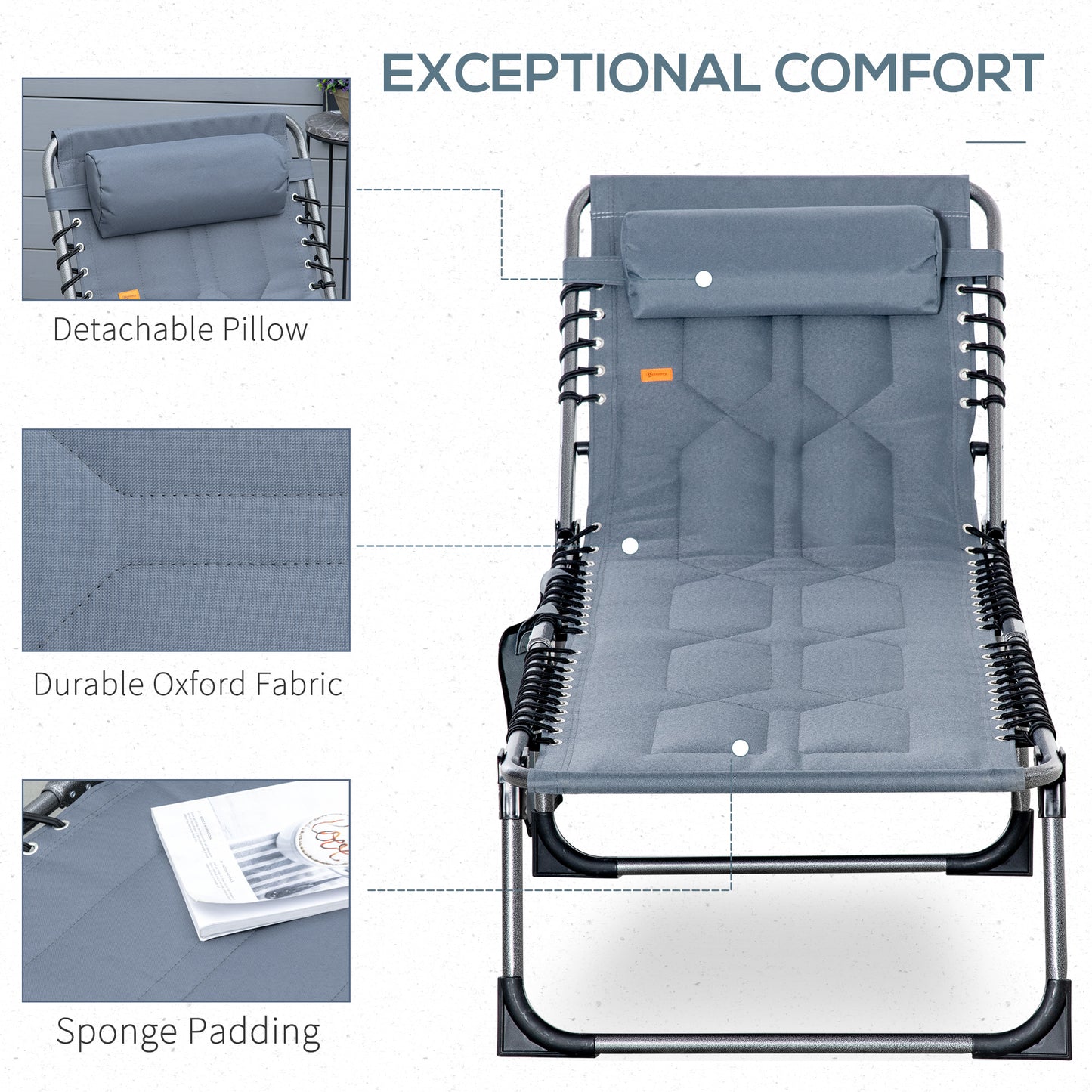 Outdoor Lounge Chair, Folding Chaise Lounge, Patio Padded Tanning Chair with 5-position Adjustable Backrest, Pillow and Pocket for Deck, Beach, Lawn and Sunbathing, Grey