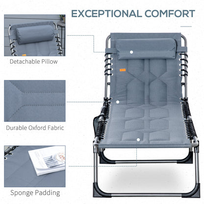 Outdoor Lounge Chair, Folding Chaise Lounge, Patio Padded Tanning Chair with 5-position Adjustable Backrest, Pillow and Pocket for Deck, Beach, Lawn and Sunbathing, Grey