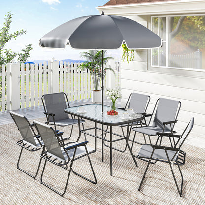 8 Piece Patio Table and Chairs Set with Folding Chairs, Tempered Glass Tabletop and Umbrella for Garden, Grey