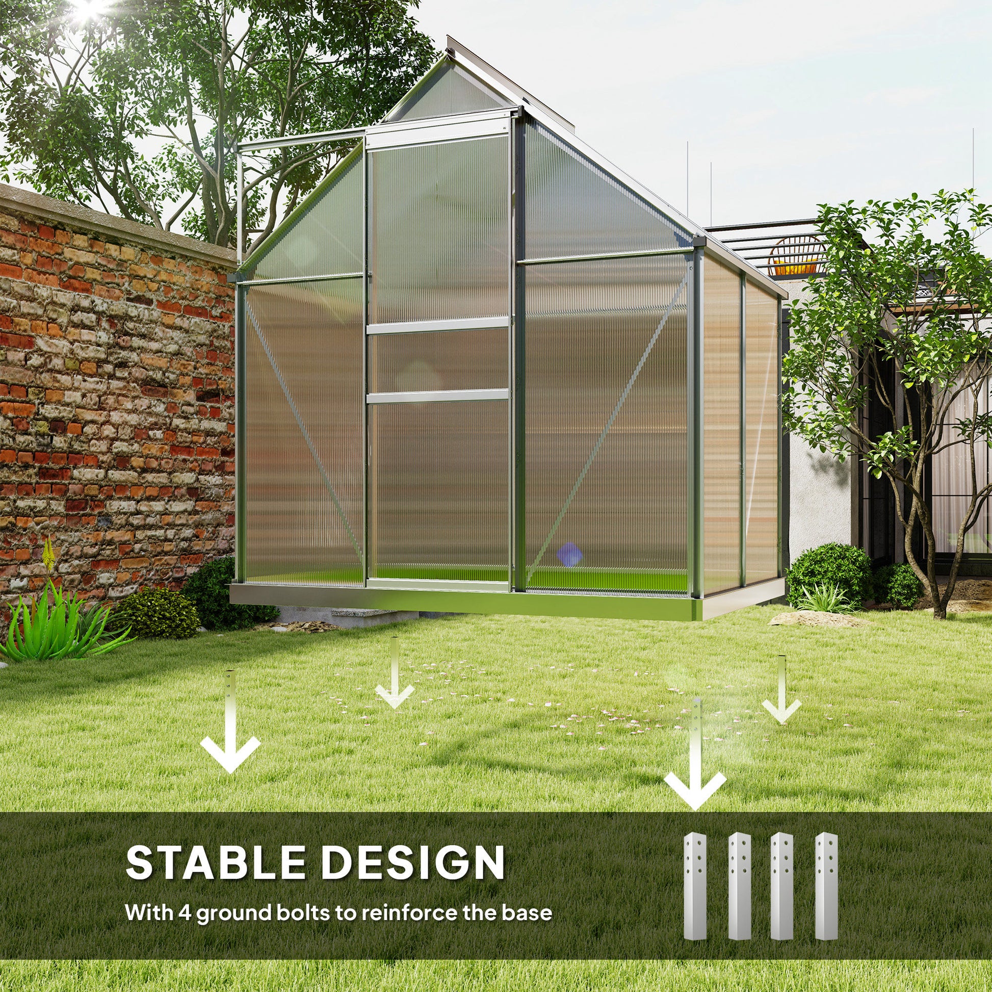 6' x 4' x 6.6' Walk-in Greenhouse, Polycarbonate Greenhouse with Adjustable Roof Vent, Base, Sliding Door, Clear